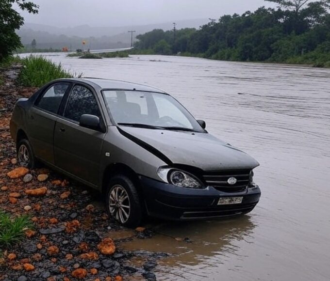 Acidente na BR-050 com veículo caído no ribeirão Paineiras, em cenário brasileiro de Minas Gerais.