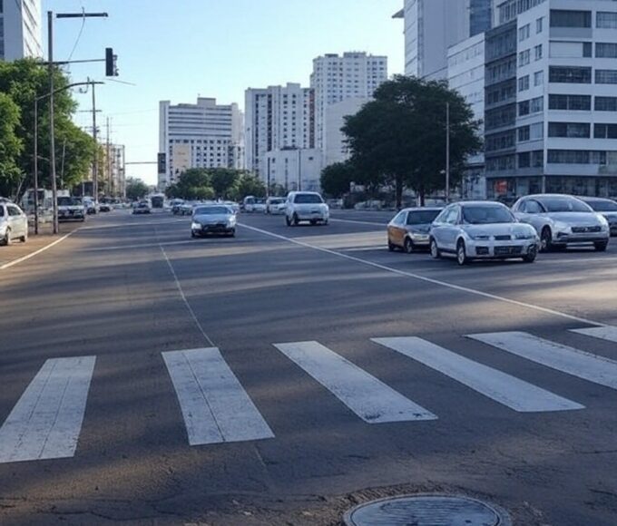 Interseção em Goiânia com sinalização de Direita Livre otimizando o tráfego urbano, veículos em movimento.