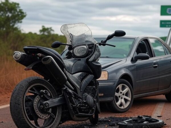 Cena de acidente fatal na GO-110 com motocicleta e carro colididos em rodovia rural de Campos Belos, Goiás.