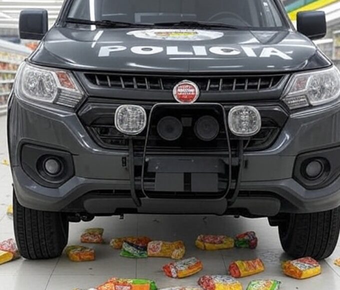 Viatura da PM invade supermercado durante perseguição a suspeito em fuga no Brasil.